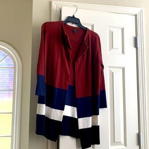 Ann Taylor open front long cardigan. Rust, navy, & cream. Size Small, never worn